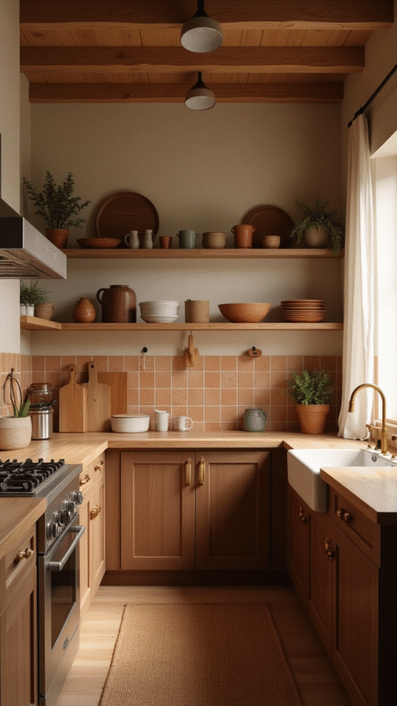 Cozy kitchen with a terracotta-painted island, cream cabinets, wood shelves, and natural sunlight highlighting earthy tones.