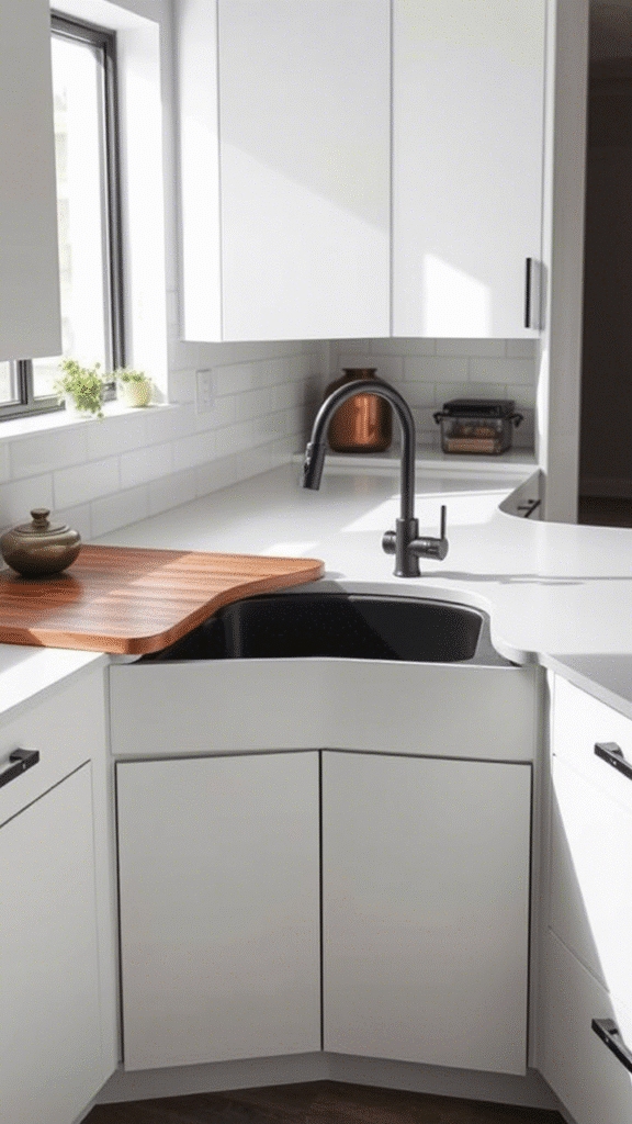 Zero-Radius Corner Sink in a Matte Black Finish with Integrated Cutting Board