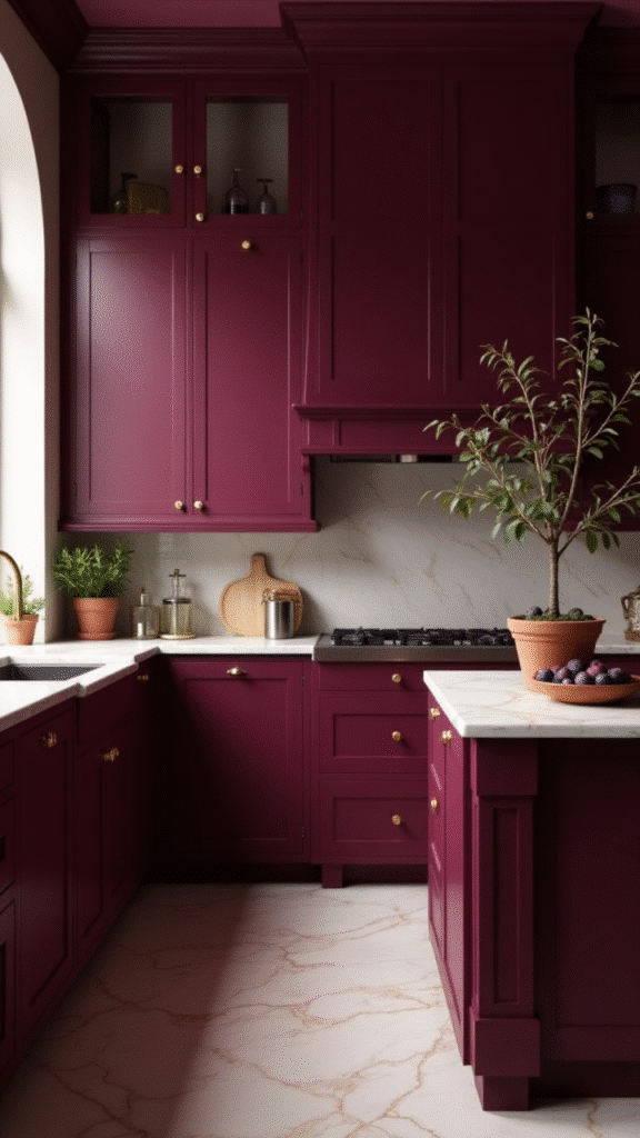 Deep plum cabinets with gold accents