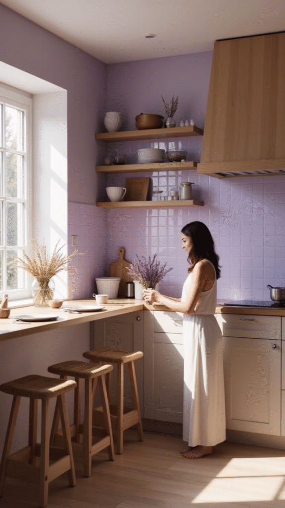 Lavender backsplash with natural textures