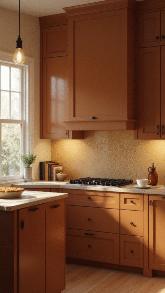 Caramel brown kitchen with soft lighting