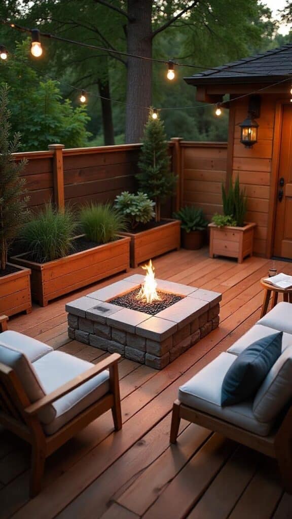 Wood Deck with Fire Pit and Planters