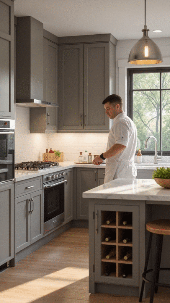Stone gray cabinets with chrome fixtures