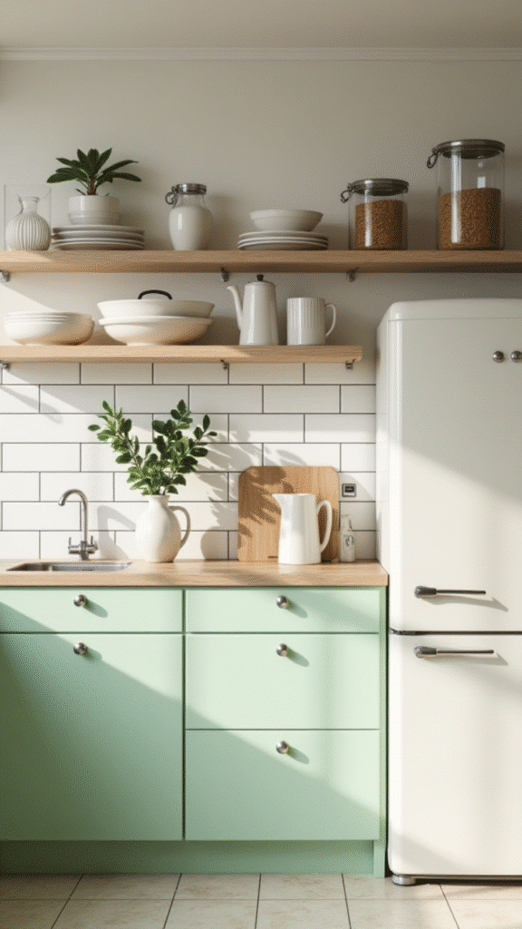Mint green cabinets with retro vibe