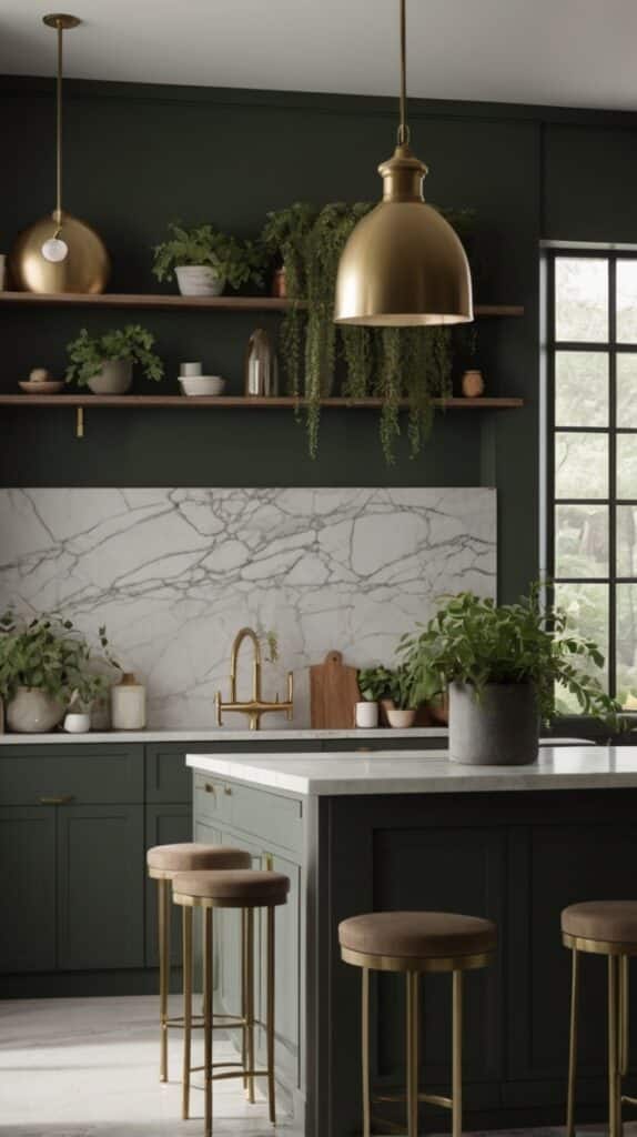 Forest green cabinets with marble counters