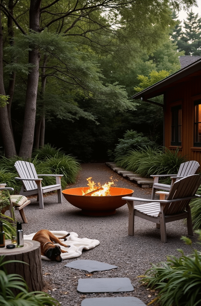 Gravel Patio with a Rusty Steel Fire Bowl