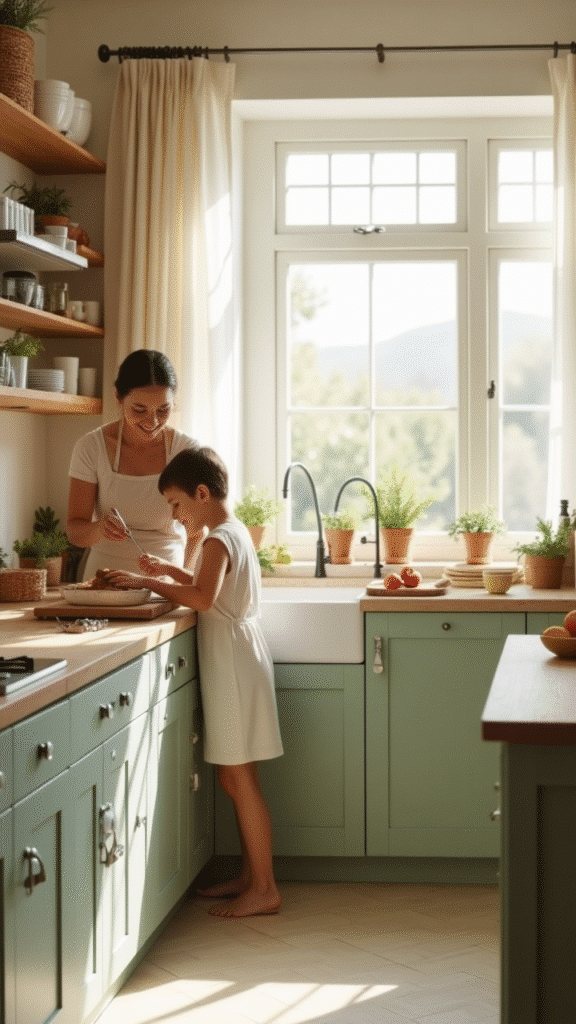 Sage green kitchen with wood accents