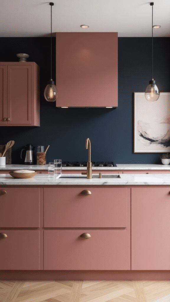 Dusty rose island and navy backsplash