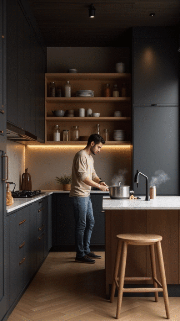 Charcoal kitchen with copper fixtures