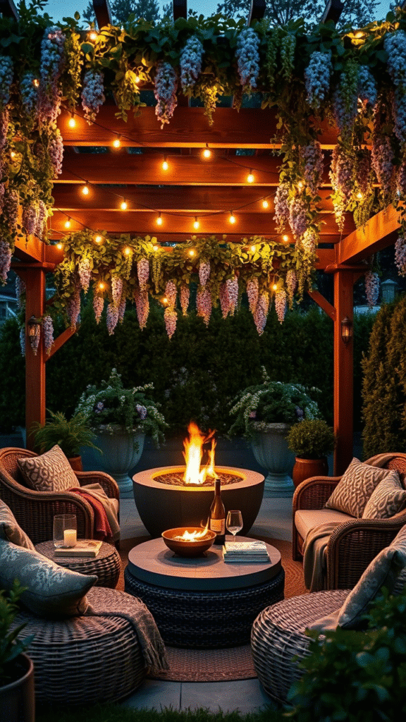 Fire Pit Under a Pergola with Lights