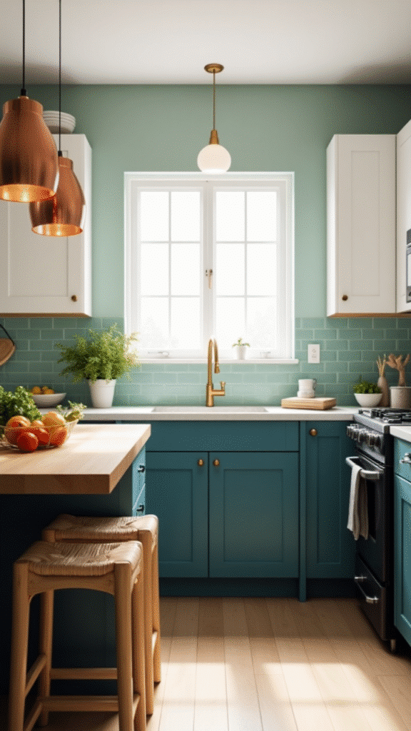 Ocean blue cabinets with rattan accents