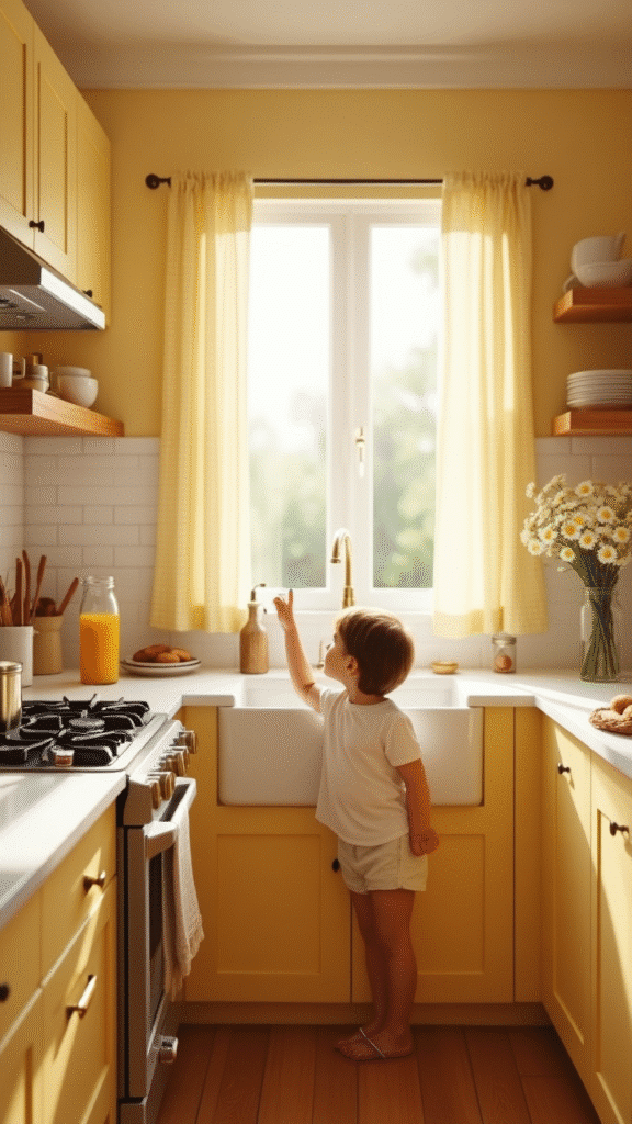 Butter yellow cabinets with white trim