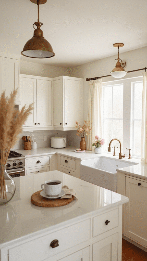 Warm white kitchen with brass hardware