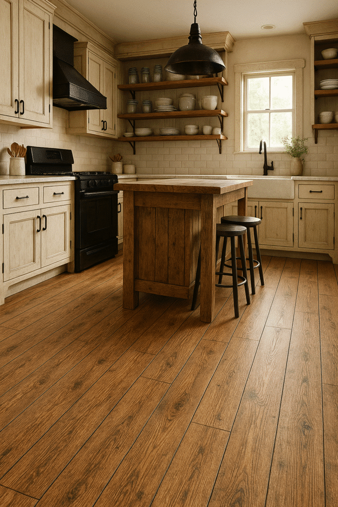Rustic Kitchen Floor Ideas 2025 with Wooden Vinyl Plank and Black Accents for a Classic Look