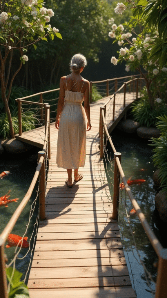 Wooden Walkway Over Water Feature