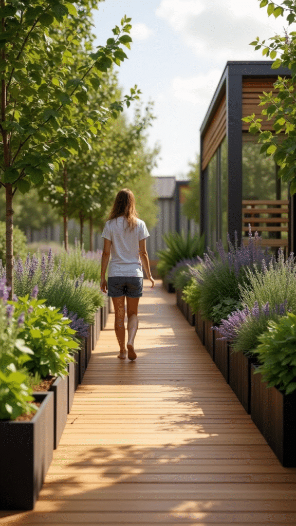 Wooden Walkway with Integrated Planter Boxes