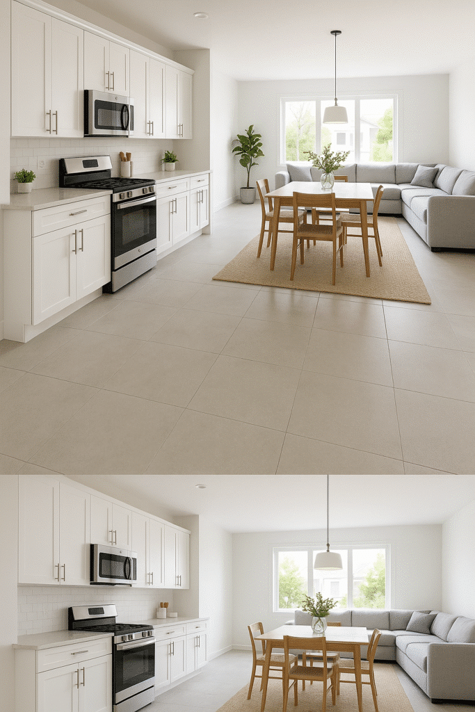 Open Kitchen Floor Ideas 2025 Featuring Light Grey Vinyl Tiles and White Cabinets for Harmony