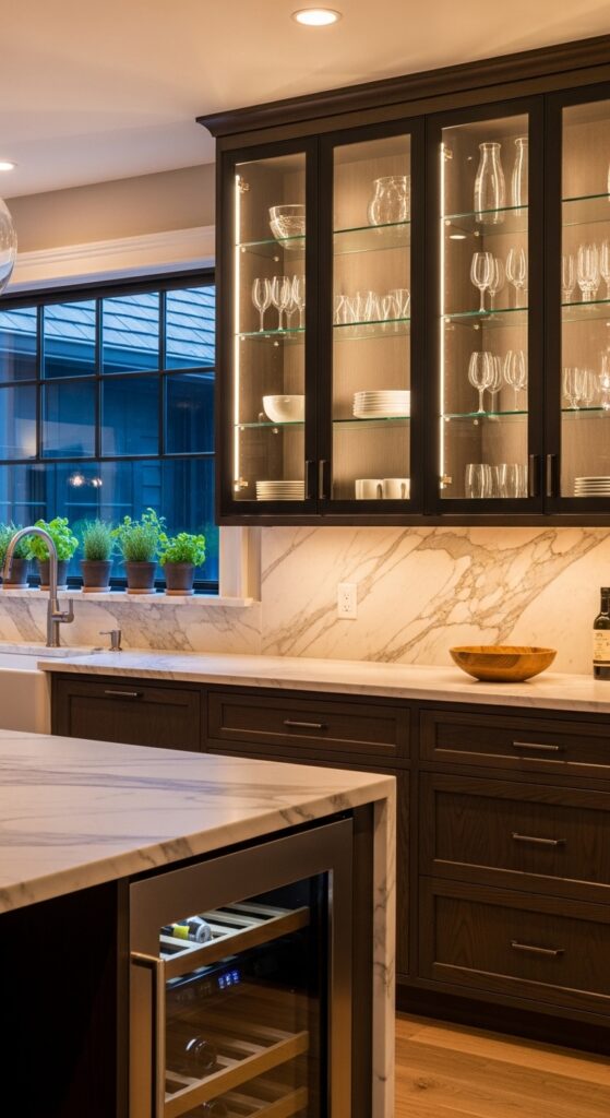 Glass-Front Cabinets with Interior Lighting