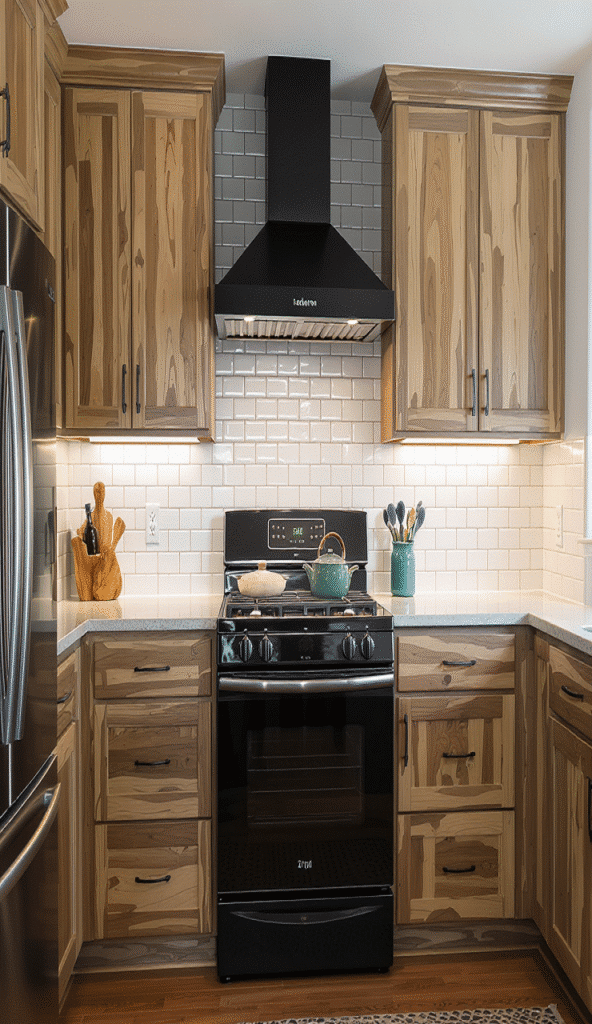 Kitchen cabinets ideas 2025 with stained wood and black accents for a unique modern farmhouse feel
